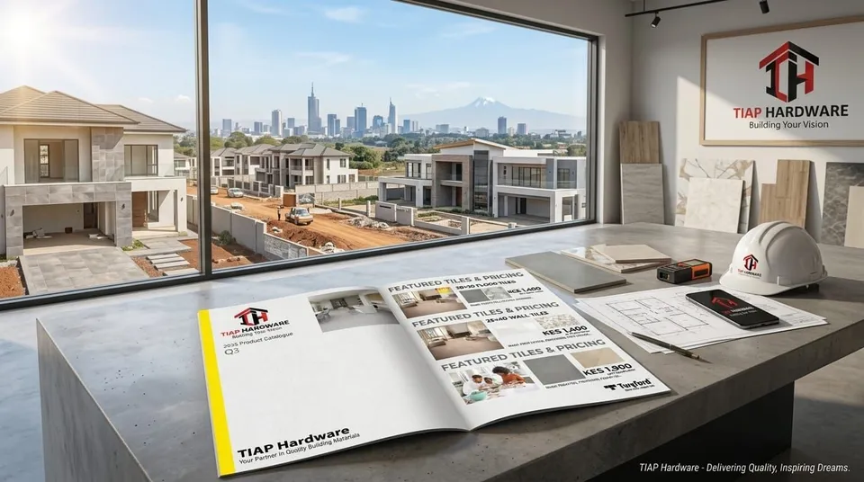 The TIAP Hardware product catalogue open on a desk, with building plans, tile samples and a hard hat