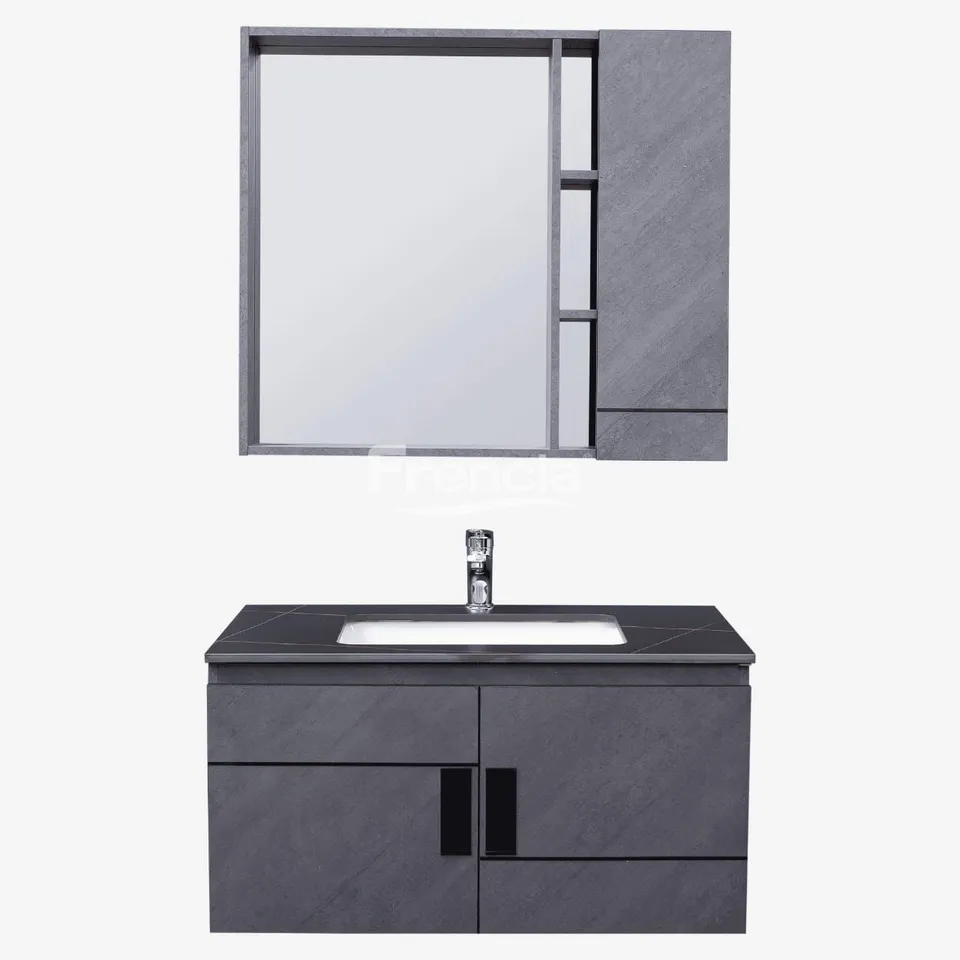 Vanity unit with mirror cabinet, grey stone finish
